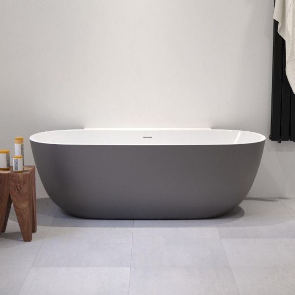Alesso Carmina II bad back-to-wall acryl 180x85x59cm met overloop gunmetal licht grijs/glans wit