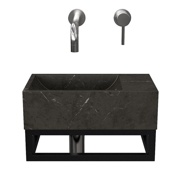 Tela/Stone fontein/toiletwastafel 40x22cm met zwart frame en met natuurstenen wastafel zonder kraangat, plateau