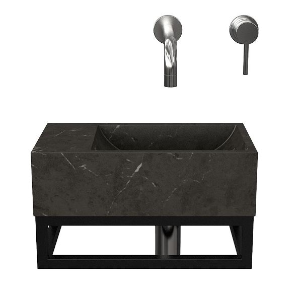 Bellanti Tela/Stone fontein/toiletwastafel 40x22cm met zwart frame met wastafel zonder kraangat, plateau links